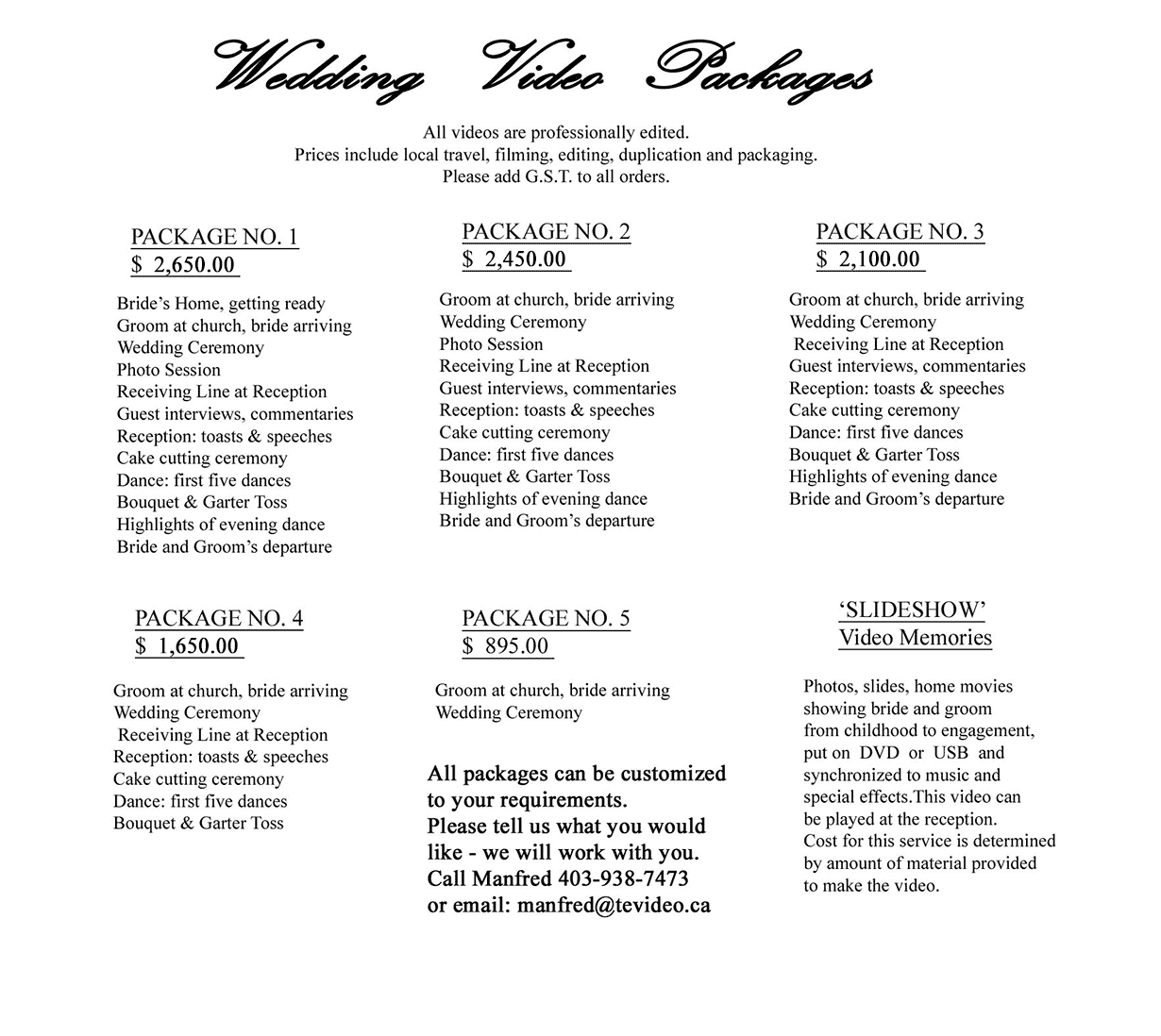 Wedding Price List
